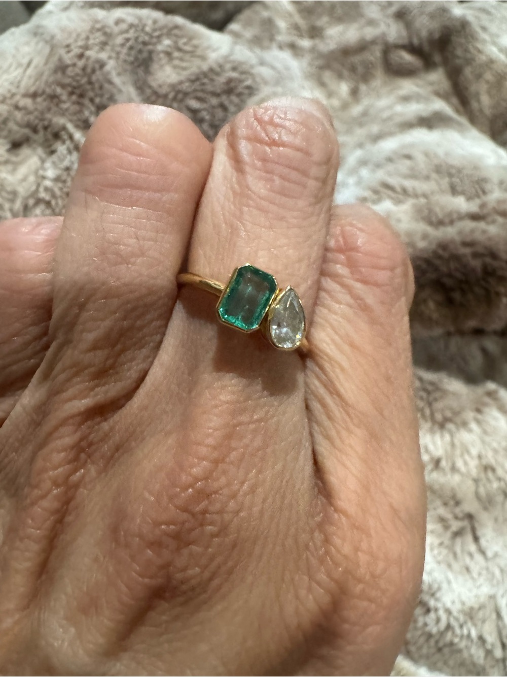 14K Yellow Gold Natural Emerald & Pear Cut Diamond Toi Et Moi Ring Size 6.5 - Picture 9 of 14